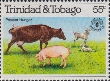Stamp, Cow (Bos primigenius taurus), Domestic Pig (Sus scrofa domes, Trinidad and Tobago,  , Animals (Fauna), Bulls and Cows, Cattle, Mammals, Pigs