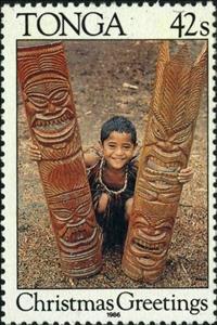 Stamp, Boy with carved wood panels, Tonga,  , Christmas