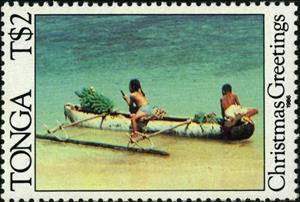 Stamp, Children on outrigger canoe, Tonga,  , Christmas