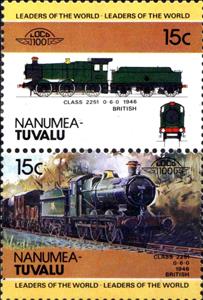 Se-tenant, Class 2251 0-6-0 1946 British, Tuvalu,  , Locomotives, Railways, Steam Traction