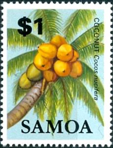 Stamp, Coconut (Cocos nucifera), Samoa,  , Nuts, Plants (Flora)