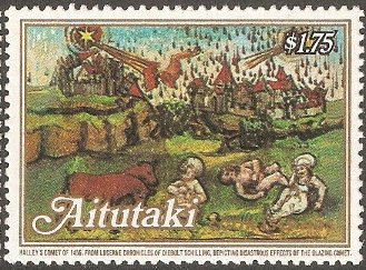 Stamp, Halley's Comet, illustration, Luzern Chronicle, Aitutaki,  , Comets