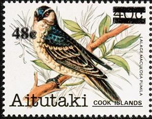 Stamp, Polynesian Triller (Lalage maculosa ssp. pumila), Aitutaki,  , Animals (Fauna), Birds