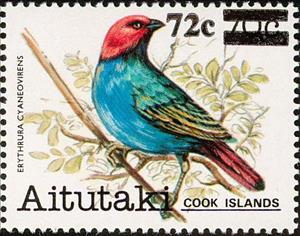 Stamp, Red-headed Parrotfinch (Erythrura cyaneovirens), Aitutaki,  , Animals (Fauna), Birds