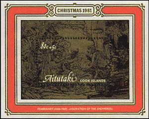Souvenir Sheet, Adoration of the Shepherds, by Rembrandt, Aitutaki,  , Christmas, Paintings