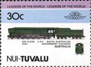 Stamp, 520 Class 4-8-4 1943 South Australian, Tuvalu,  , Locomotives, Railways, Steam Traction
