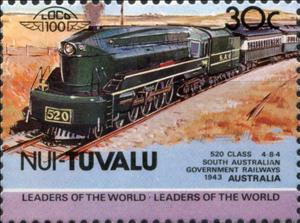Stamp, 520 Class 4-8-4 1943 South Australian, Tuvalu,  , Locomotives, Railways, Steam Traction