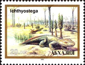 Stamp, Ichtyostega, Cinderellas,  , Prehistorical Animals