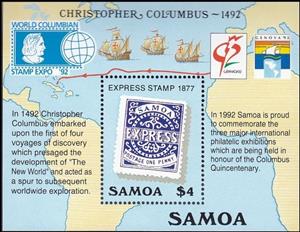 Souvenir Sheet, 500th anniversary of the Discovery of America by C. Columbus, Samoa,  , Philatelic Exhibitions, Stamps