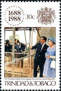Stamp, Queen Mother at the "Topping Out" ceremony of new Lloyds' b…, Trinidad and Tobago,  