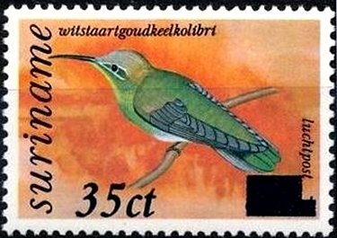 Stamp, White-tailed Goldenthroat - Over Printed, Suriname,  , Animals (Fauna), Birds