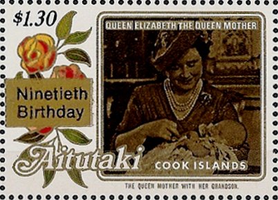Stamp, 90th birthday of Queen Elizabeth the Queen Mother, Aitutaki,  , Queens, Royalty