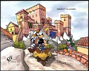 Souvenir Sheet, Goofy and Mickey outside Towers of the Alhambra, Maldives,  , Disney