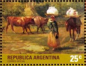 Stamp, "Laundry women at the shore of Belgrano", by Prilidiano Pue…, Argentina,  