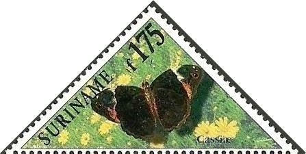 Stamp, Cassia's Owl-Butterfly (Opsiphanes cassiae), Suriname,  , Animals (Fauna), Butterflies, Insects, Triangle Stamps
