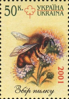Stamp, Bee (Apis sp.) on Flower, Ukraine,  , Animals (Fauna), Bees, Insects
