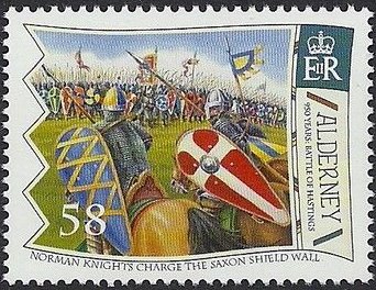 Stamp, Norman knights charge the Saxon shield wall, Alderney,  , Battle