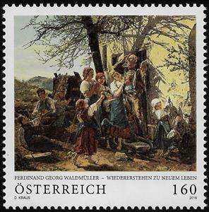 Stamp, "Revival to New Life", by Ferdinand Georg Waldmüller (1852), Austria,  , Art, Painters, Paintings