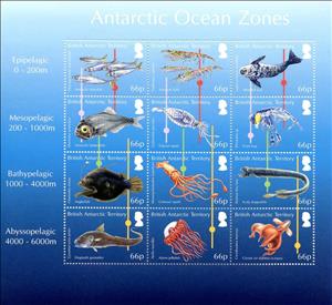 Mini Sheet, Antarctic Ocean Zones, British Antarctic Territory (BAT),  , Animals (Fauna), Crustaceans, Fishes, Jellyfish, Mammals, Molluscs, Sea (Marine) Mammals, Sea Life