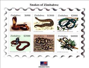 Souvenir Sheet, Snakes - MiNo. 816-21, Zimbabwe,  , Animals (Fauna), Reptiles, Snakes