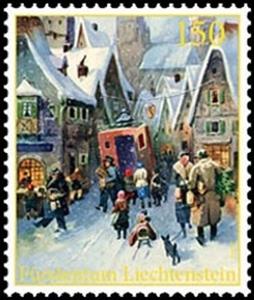Stamp, Winter in a city, Liechtenstein,  