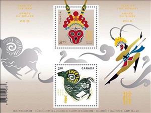 Souvenir Sheet, Year of the Monkey, Canada,  , Chinese Zodiac, Stylized Animals