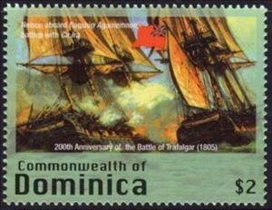 Stamp, Ships Agamemnon and Ca Ira in battle, Dominica,  