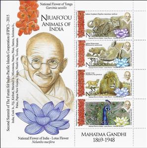 Souvenir Sheet, Mahatma Gandhi & Animals of India, Niuafo'ou,  , Animals (Fauna), Birds, Elephants, Лев, Mammals, Rhinoceroses