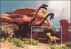 Souvenir Sheet, Compsognathus, Dominica,  , Animals (Fauna), Dinosaurs, Prehistorical Animals