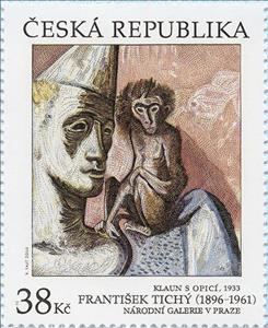 Stamp, Clown with Monkey (1933), by František Tichý (1896-1961), Czech Republic,  , Art, Monkeys, Paintings