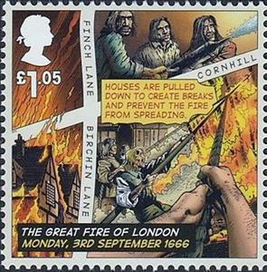 Stamp, Houses are demolished to stop the fire, United Kingdom of Great Britain & Northern Ireland,  , Fire and Flames