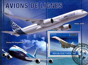 Souvenir Sheet, Airliners (Airbus A350, Concorde, Boeing 787), Togo,  , Transport
