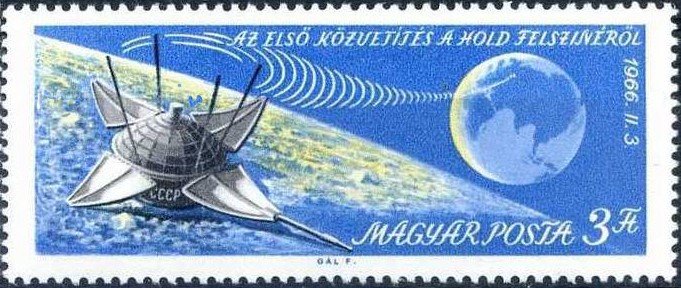 Stamp, Luna 9 sending signals from Moon to Earth, Hungary,  , Celestial Bodies, Moon, Spacecrafts, Moon Landing, Outer Space