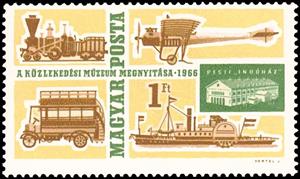 Stamp, Steam locomotive, omnibus, paddle-steamer, aircraft, Hungary,  , Ships, Steamers, Railways, Museums, Omnibuses, Transport, Aircrafts, Locomotives