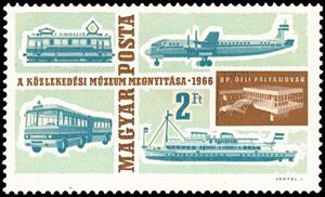 Stamp, Tram, omnibus, passenger-ship, aircraft, Hungary,  , Passenger-ships, Ships, Railways, Museums, Trams, Omnibuses, Transport, Aircrafts