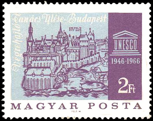 Old view of Buda and UNESCO emblem