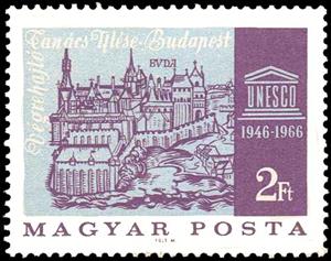 Stamp, Old view of Buda and UNESCO emblem, Hungary,  , UNESCO, Castles, Buildings, UNESCO World Heritage Sites, Townscapes / City Views