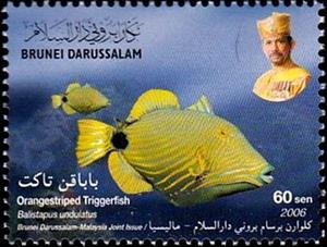 Stamp, Balistapus undulatus, Brunei Darussalam,  , Animals (Fauna), Fishes, Sea Life