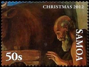 Stamp, Adoration of the Shepherds (detail), Samoa,  