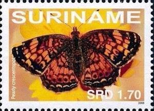 Stamp, Pearl Crescent (Phyciodes tharos), Suriname,  , Animals (Fauna), Butterflies, Insects