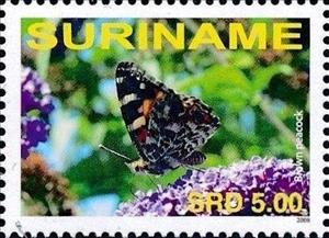 Stamp, Peacock Butterfly (Inachis io), Suriname,  , Animals (Fauna), Butterflies, Insects
