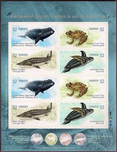 Booklet, Endangered Species - MiNo.2432-36, Canada,  , Amphibians, Animals (Fauna), Fishes, Frogs, Sea (Marine) Mammals, Sea Life, Turtles, Whales