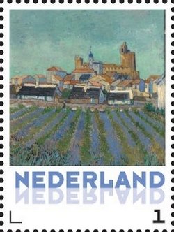Stamp, Vincent van Gogh: View of Saintes-Maries-de-la-Mer, Netherlands,  , Art, Paintings