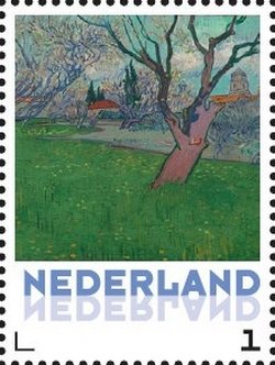 Stamp, Vincent van Gogh: Blossoming orchards, View of Arles, Netherlands,  , Art, Paintings