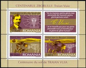 Souvenir Sheet, Centenary of Traian Vuia's Flight, Romania,  , Pilots, Aviation, Aircrafts