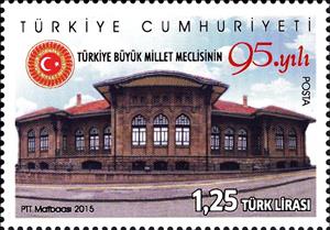 Stamp, 95th anniv. of the Grand National Assembly of Turkey, Turkey,  , Anniversaries and Jubilees, Buildings