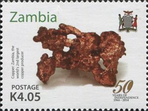 Stamp, 50th Anniversary of Independence of Zambia, Zambia,  , Minerals