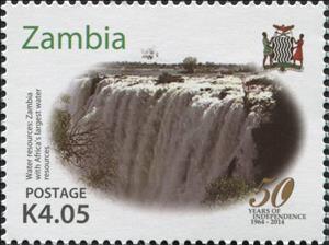 Stamp, 50th Anniversary of Independence of Zambia, Zambia,  , Waterfalls
