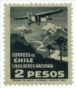 Stamp, Plane over landscape, Chile,  