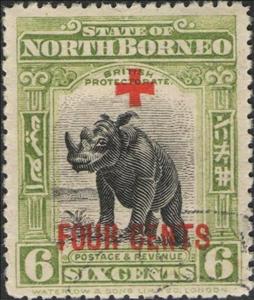Stamp, Sountry symbols-red overprint, North Borneo,  , Red Cross and Red Crescent, Rhinoceroses